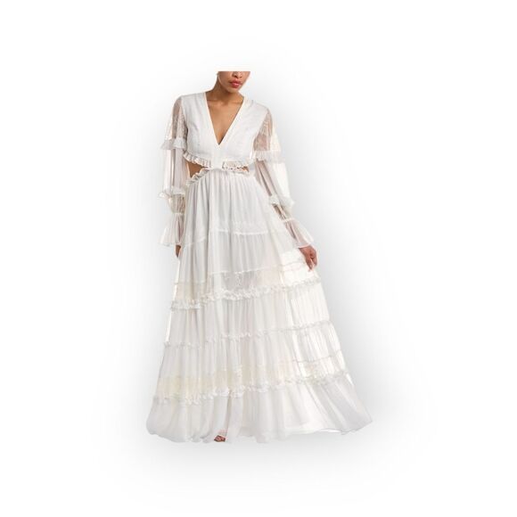 PatBo White Cutout Lace-Trim Linen V-Neck Maxi Dress – Women’s Designer Dress - Picture 7 of 16